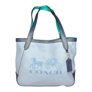 Coach Tote 27 Colorblock Pebbled Leather Horse Carriage Twilight Blue Authentic